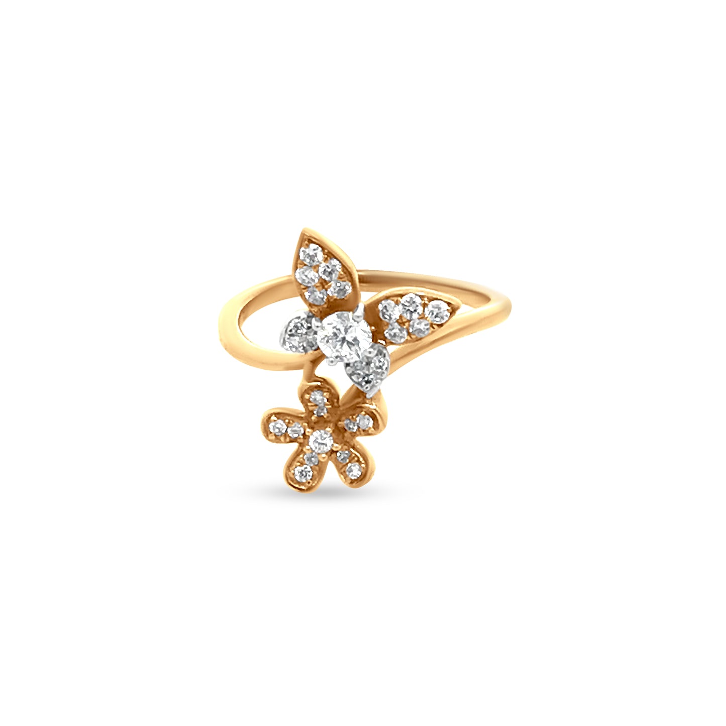 18k Yellow Gold Butterfly and Flower Motif Ring, a Unique Nature-Inspired Piece.