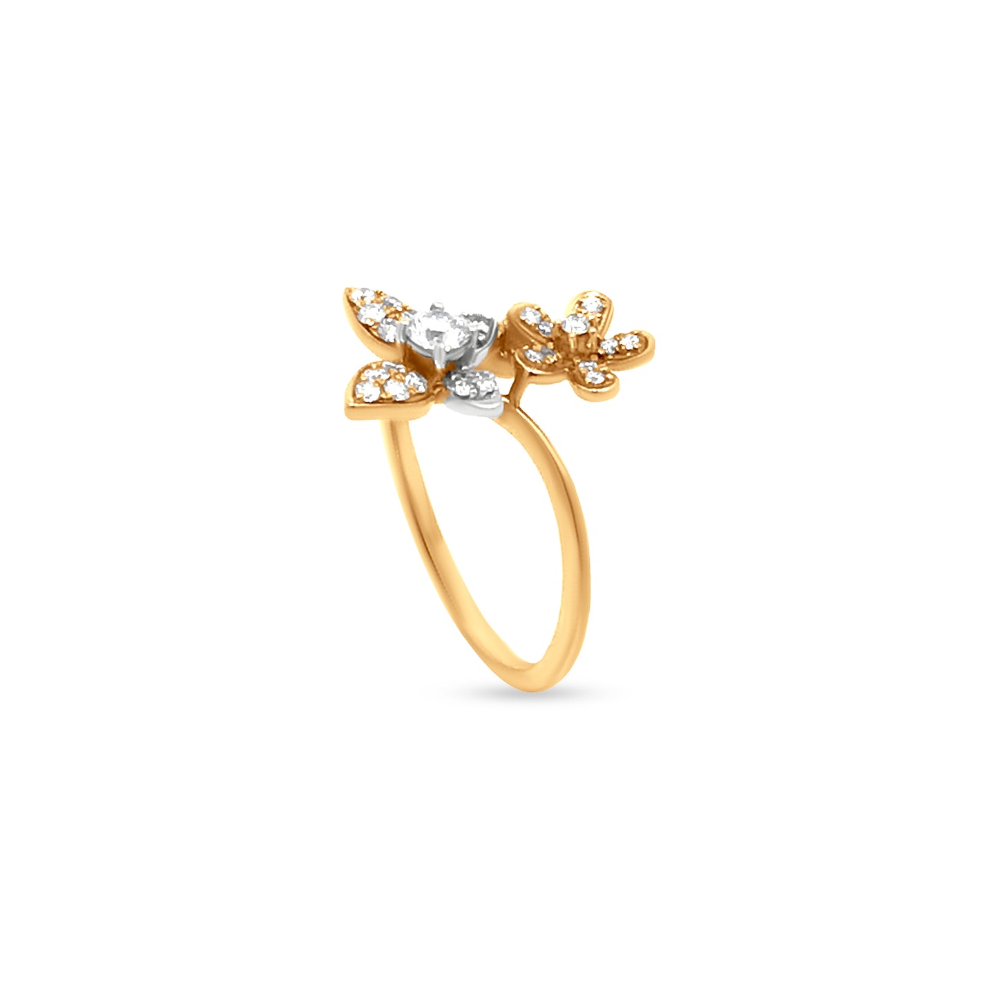 18k Yellow Gold Butterfly and Flower Motif Ring, a Unique Nature-Inspired Piece.