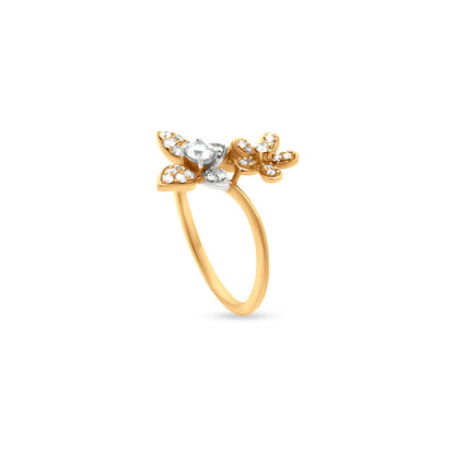 18k Yellow Gold Butterfly and Flower Motif Ring, a Unique Nature-Inspired Piece.