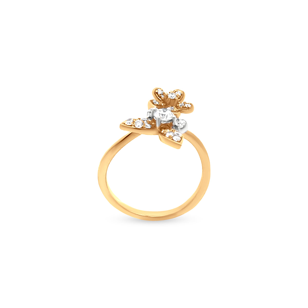 18k Yellow Gold Butterfly and Flower Motif Ring, a Unique Nature-Inspired Piece.