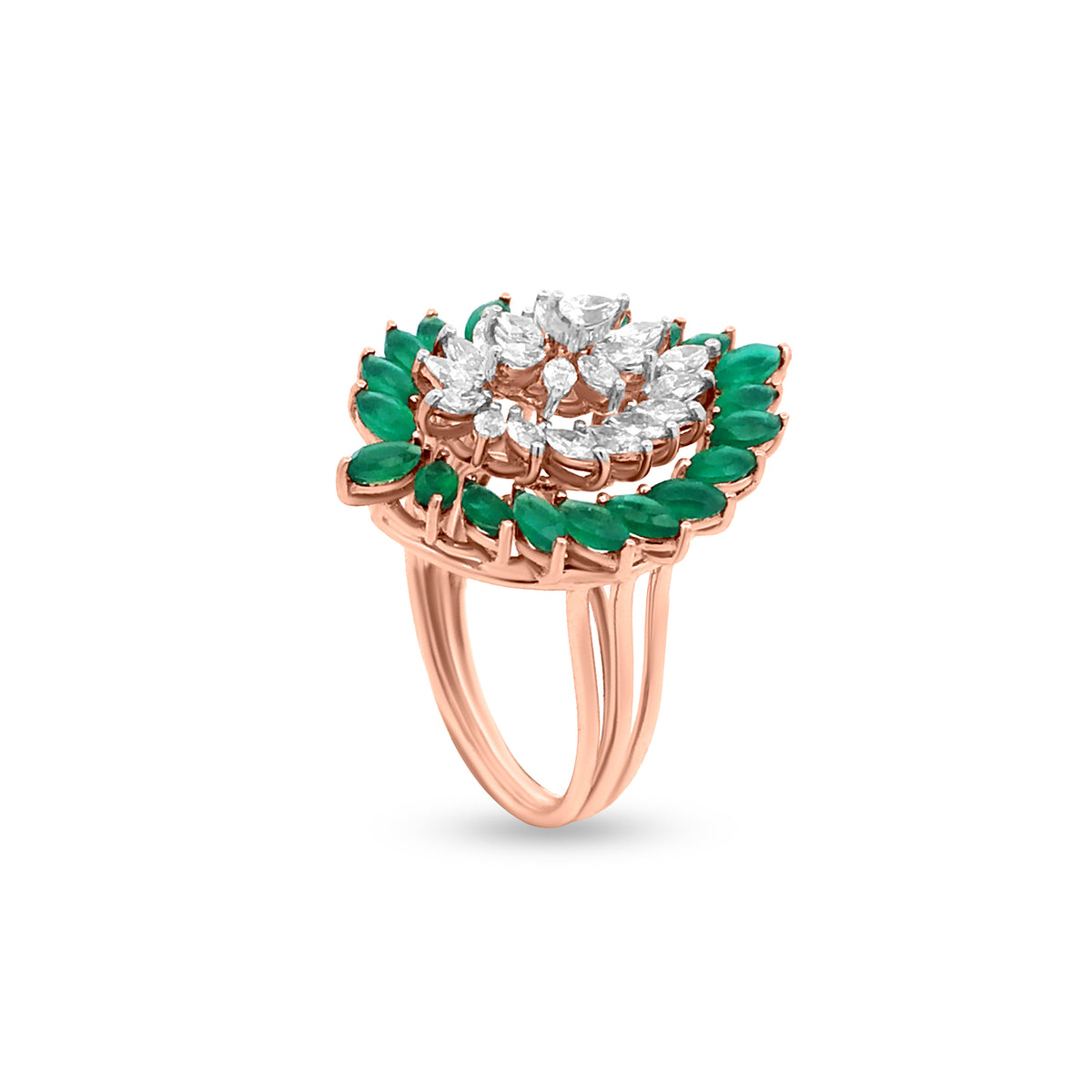 18K Rose Gold Betel Leaf-Shaped Emerald And Diamond Cocktail Ring