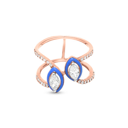 18k Rose Gold Stack Ring with Blue Enamel Eye Motif Adorned with Diamonds