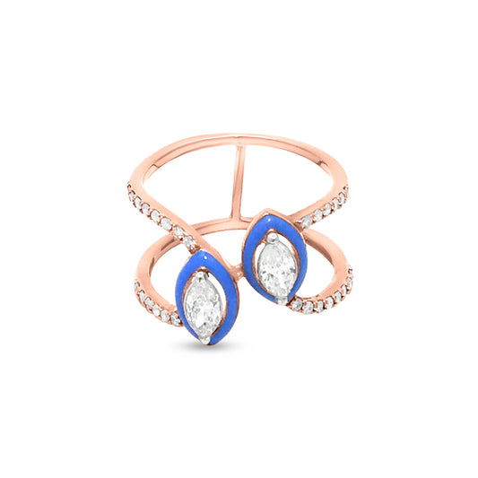 18k Rose Gold Stack Ring with Blue Enamel Eye Motif Adorned with Diamonds
