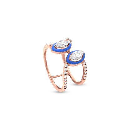 18k Rose Gold Stack Ring with Blue Enamel Eye Motif Adorned with Diamonds