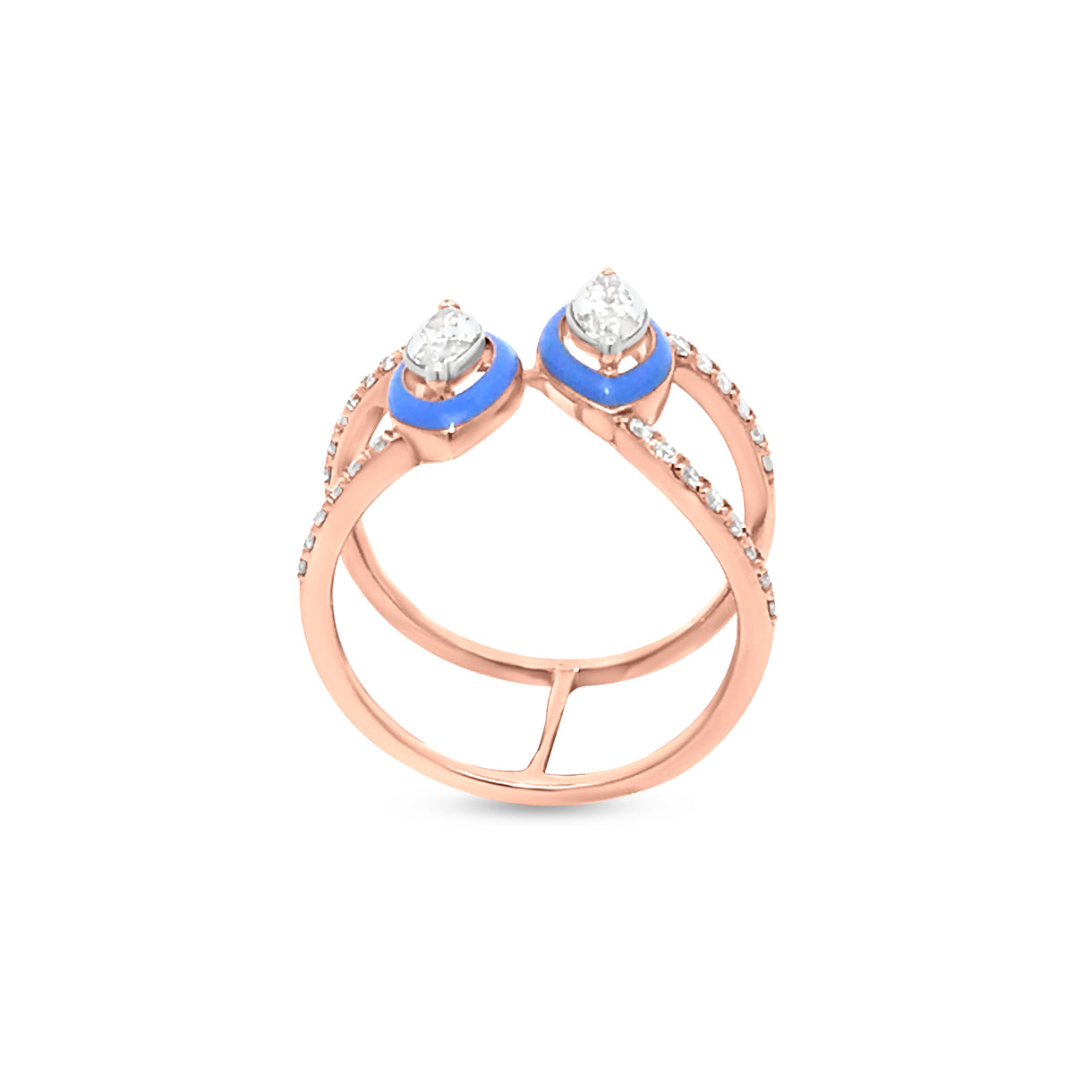 18k Rose Gold Stack Ring with Blue Enamel Eye Motif Adorned with Diamonds