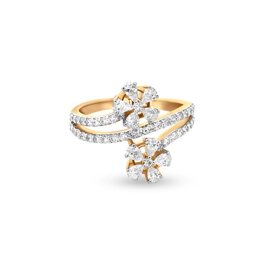 18k Yellow Gold Dual Flower Stack Ring with Diamonds, a Triple Layer of Luxury