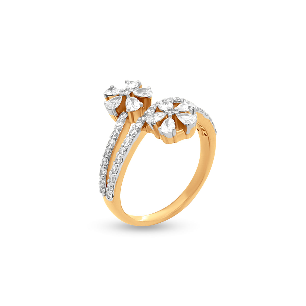 18k Yellow Gold Dual Flower Stack Ring with Diamonds, a Triple Layer of Luxury