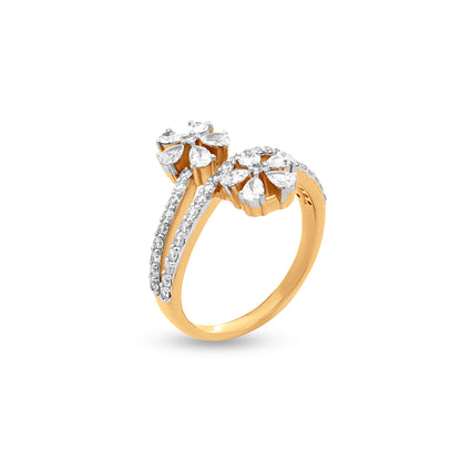 18k Yellow Gold Dual Flower Stack Ring with Diamonds, a Triple Layer of Luxury