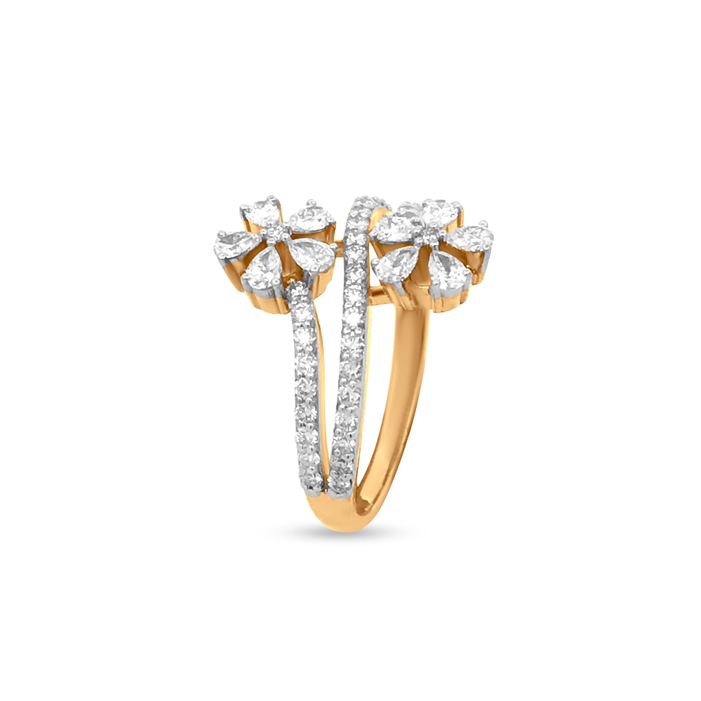18k Yellow Gold Dual Flower Stack Ring with Diamonds, a Triple Layer of Luxury