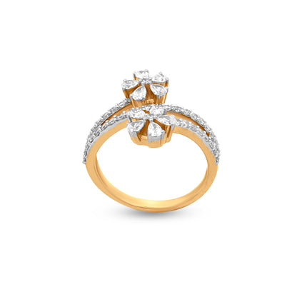 18k Yellow Gold Dual Flower Stack Ring with Diamonds, a Triple Layer of Luxury