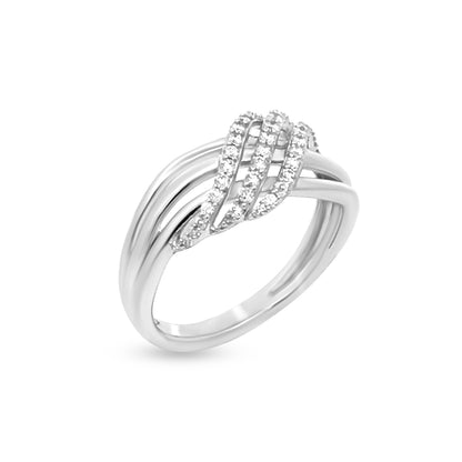 18k White Gold Crystal Crossover Band Diamond Wedding and Engagement Ring