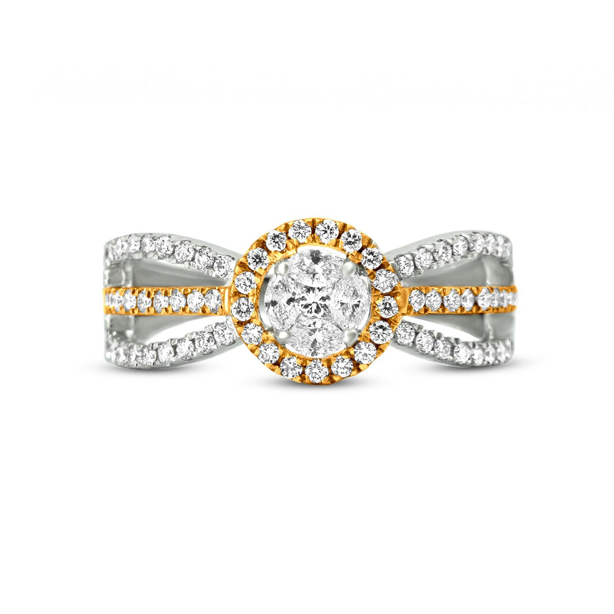 Beautiful 18K Yellow And White Gold Unique Three Way Split Shank Diamond Engagement Ring