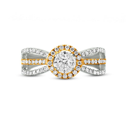 Beautiful 18K Yellow And White Gold Unique Three Way Split Shank Diamond Engagement Ring