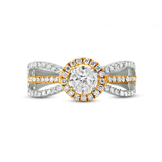 Beautiful 18K Yellow And White Gold Unique Three Way Split Shank Diamond Engagement Ring