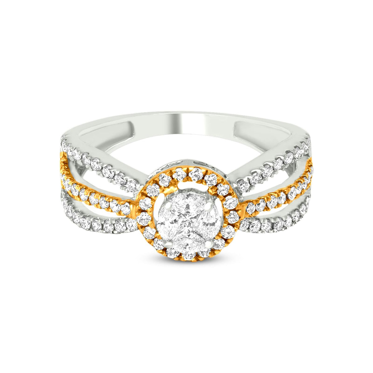 Beautiful 18K Yellow And White Gold Unique Three Way Split Shank Diamond Engagement Ring
