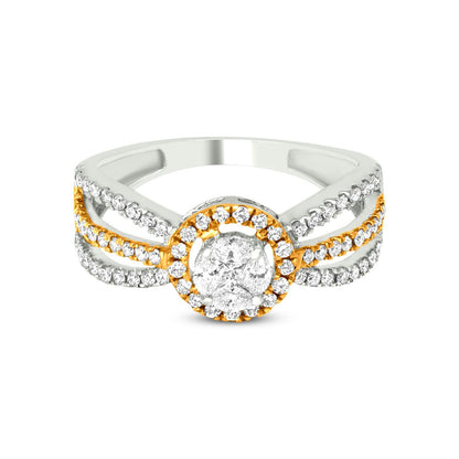 Beautiful 18K Yellow And White Gold Unique Three Way Split Shank Diamond Engagement Ring