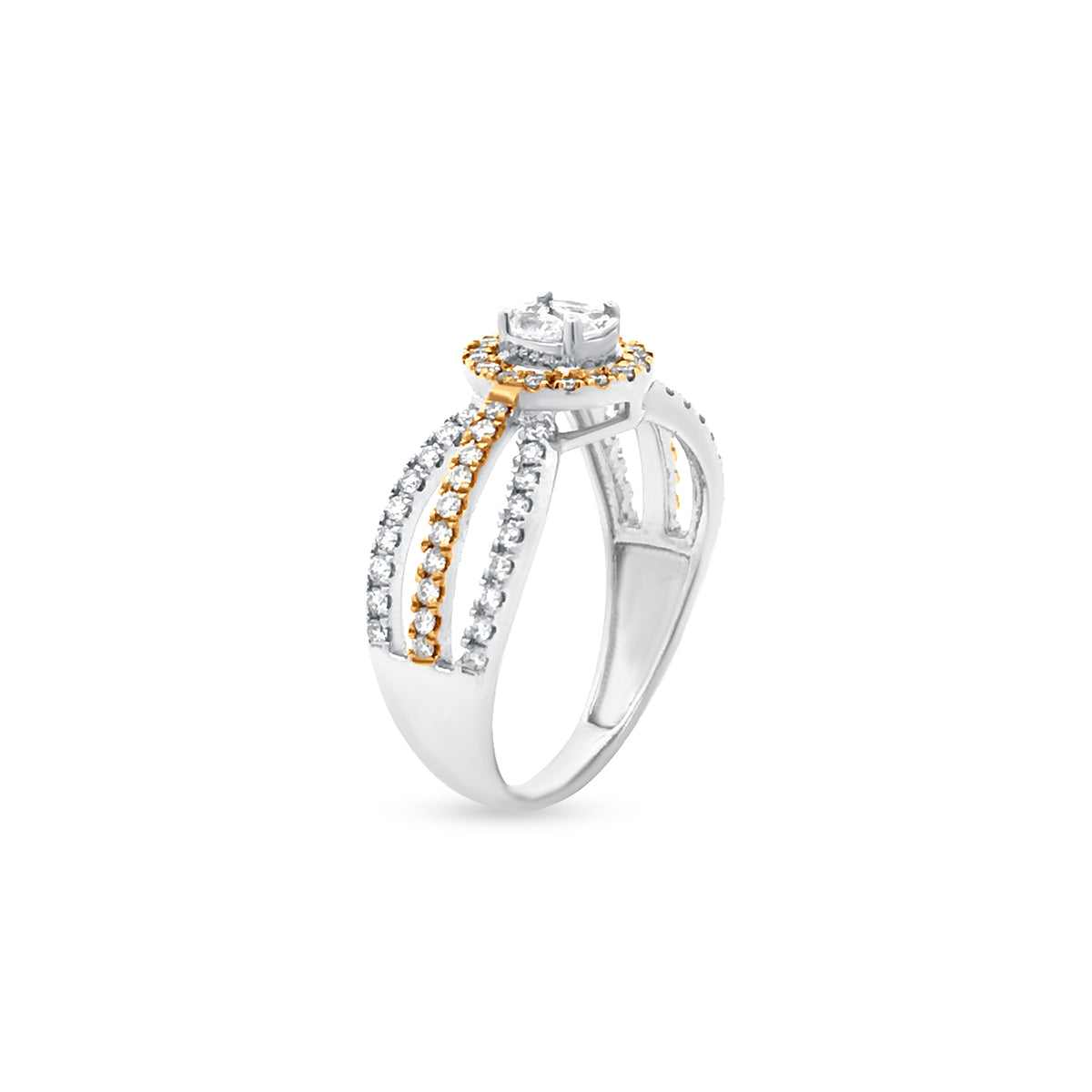 Beautiful 18K Yellow And White Gold Unique Three Way Split Shank Diamond Engagement Ring