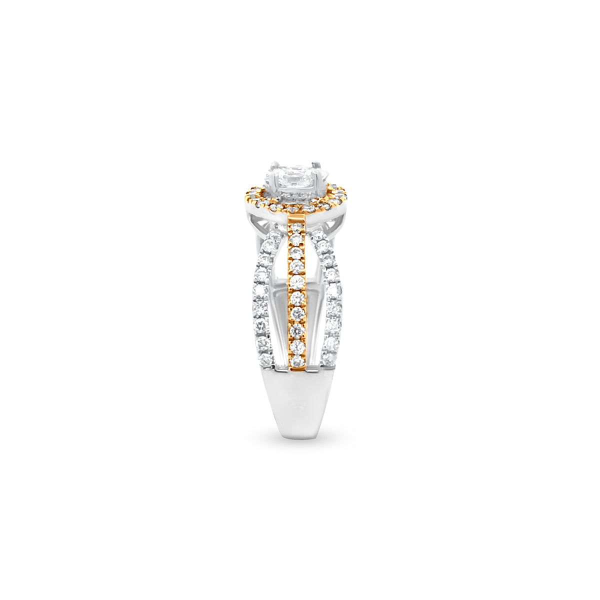 Beautiful 18K Yellow And White Gold Unique Three Way Split Shank Diamond Engagement Ring