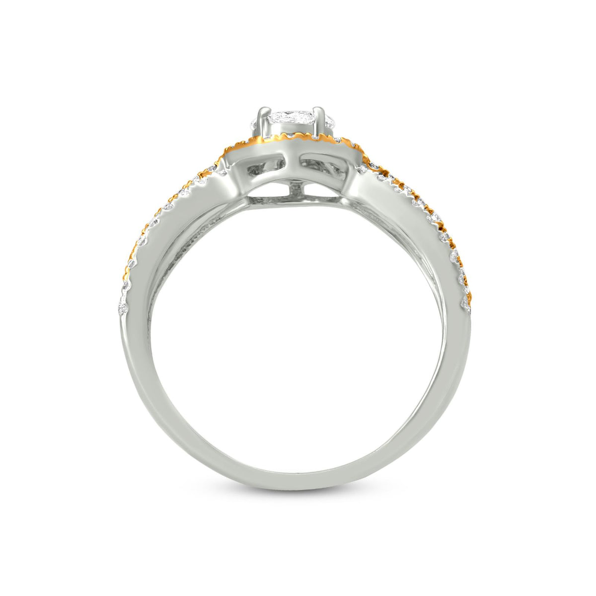 Beautiful 18K Yellow And White Gold Unique Three Way Split Shank Diamond Engagement Ring