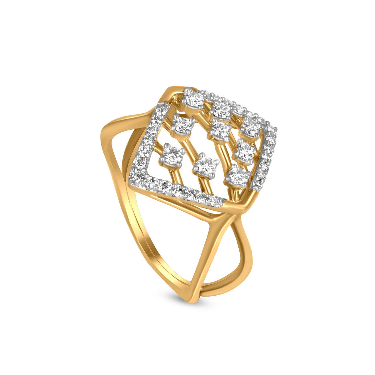 18k Yellow Gold With Glittering Diamond Geometric Split Shank Ring