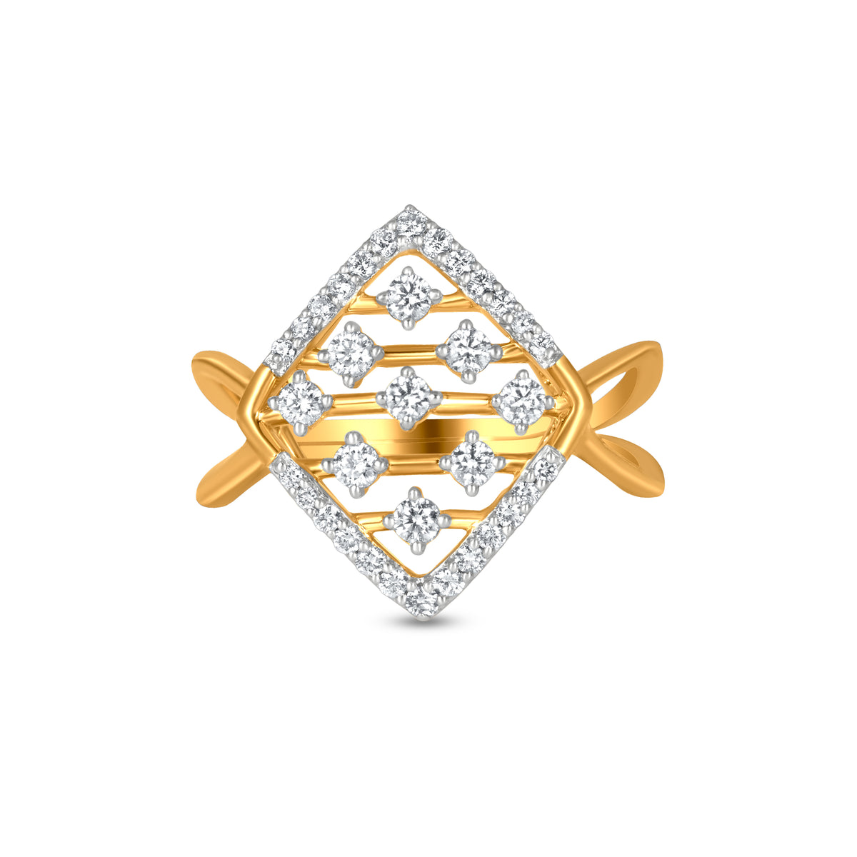 18k Yellow Gold With Glittering Diamond Geometric Split Shank Ring