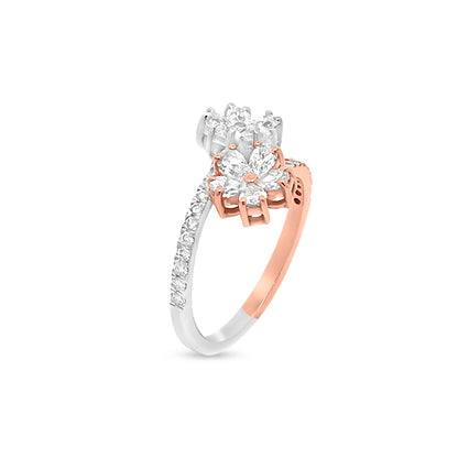 Unique 18K Two-Tone Gold Flower Motif Ring With Sparkling Diamond Accents And Pear Diamonds In The Center Of An Art.