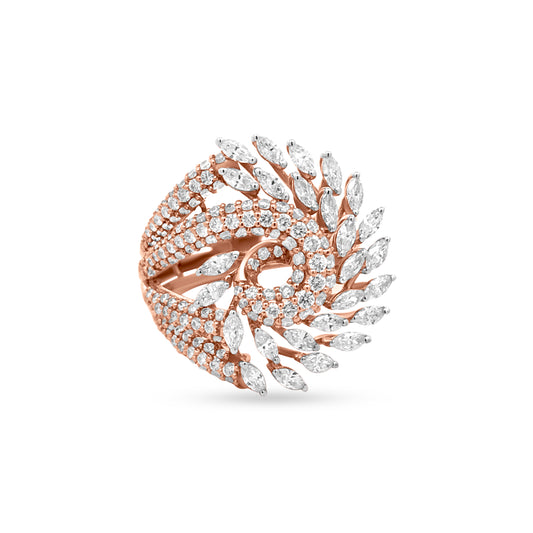 Stunning 18K Rose Gold Marquise Diamond Flower Ring With Split Shank And Marquise Diamond Embellishments