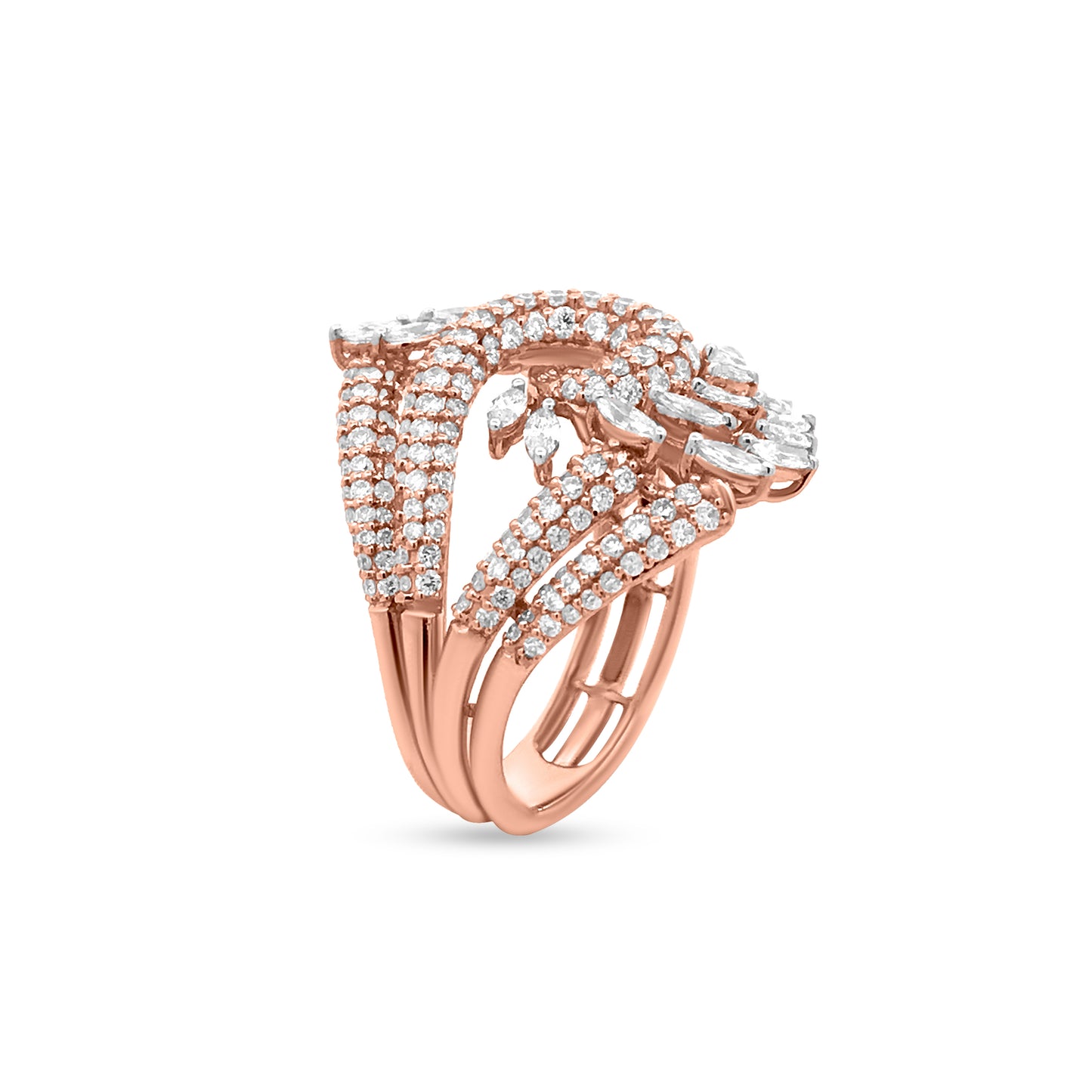 Stunning 18K Rose Gold Marquise Diamond Flower Ring With Split Shank And Marquise Diamond Embellishments