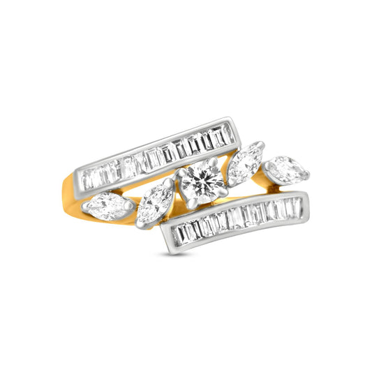 Exquisite 18k Yellow Gold Cuff Marquise Diamond Ring with Baguette and Round Diamonds
