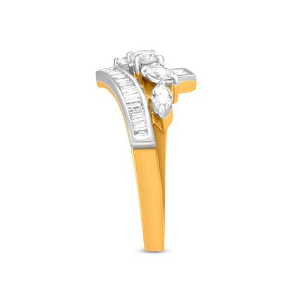 Exquisite 18k Yellow Gold Cuff Marquise Diamond Ring with Baguette and Round Diamonds