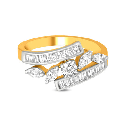 Exquisite 18k Yellow Gold Cuff Marquise Diamond Ring with Baguette and Round Diamonds
