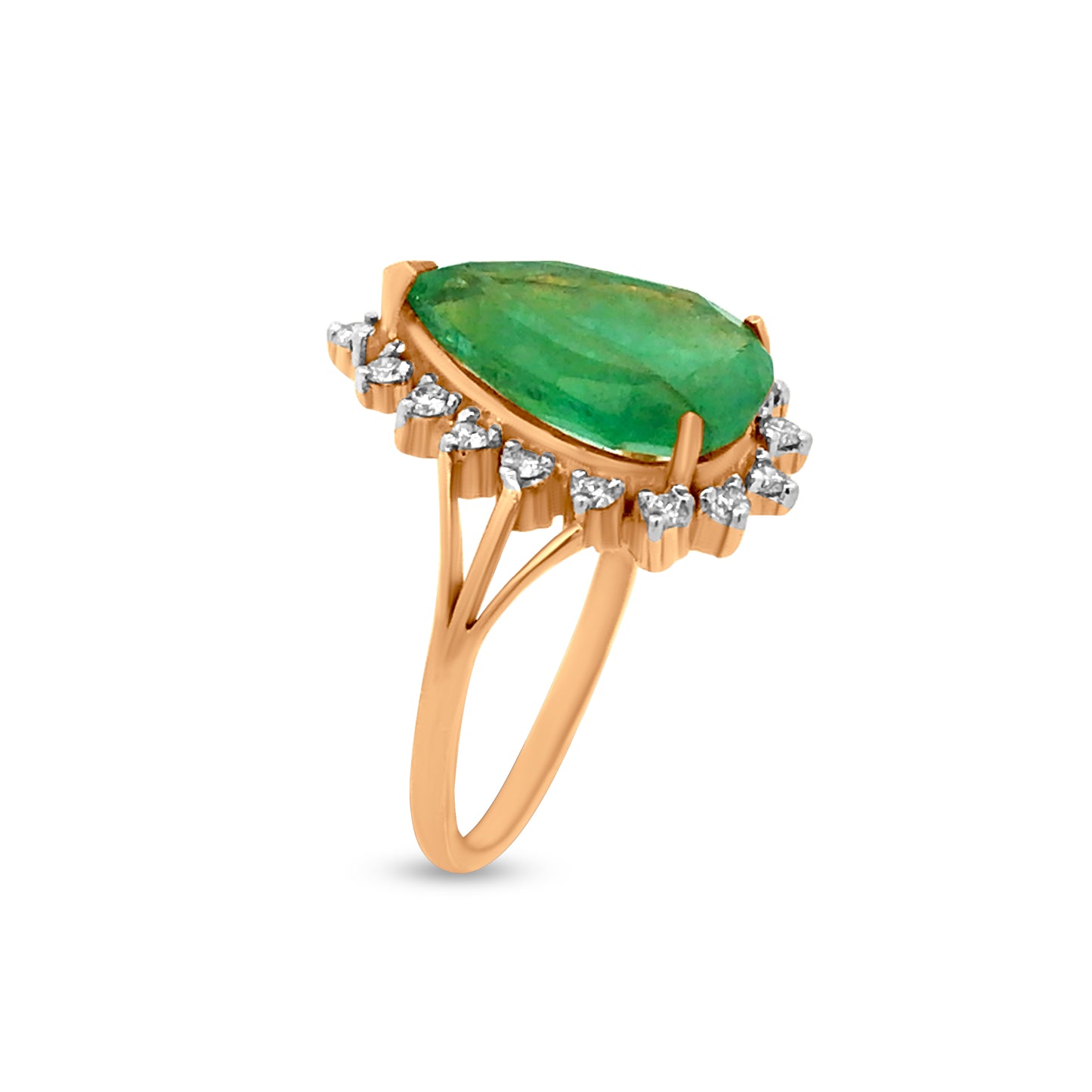 Stunning 18K Yellow Gold Emerald & Diamond Ring With 3.1 Carat Of Pear Shaped Emerald In Center