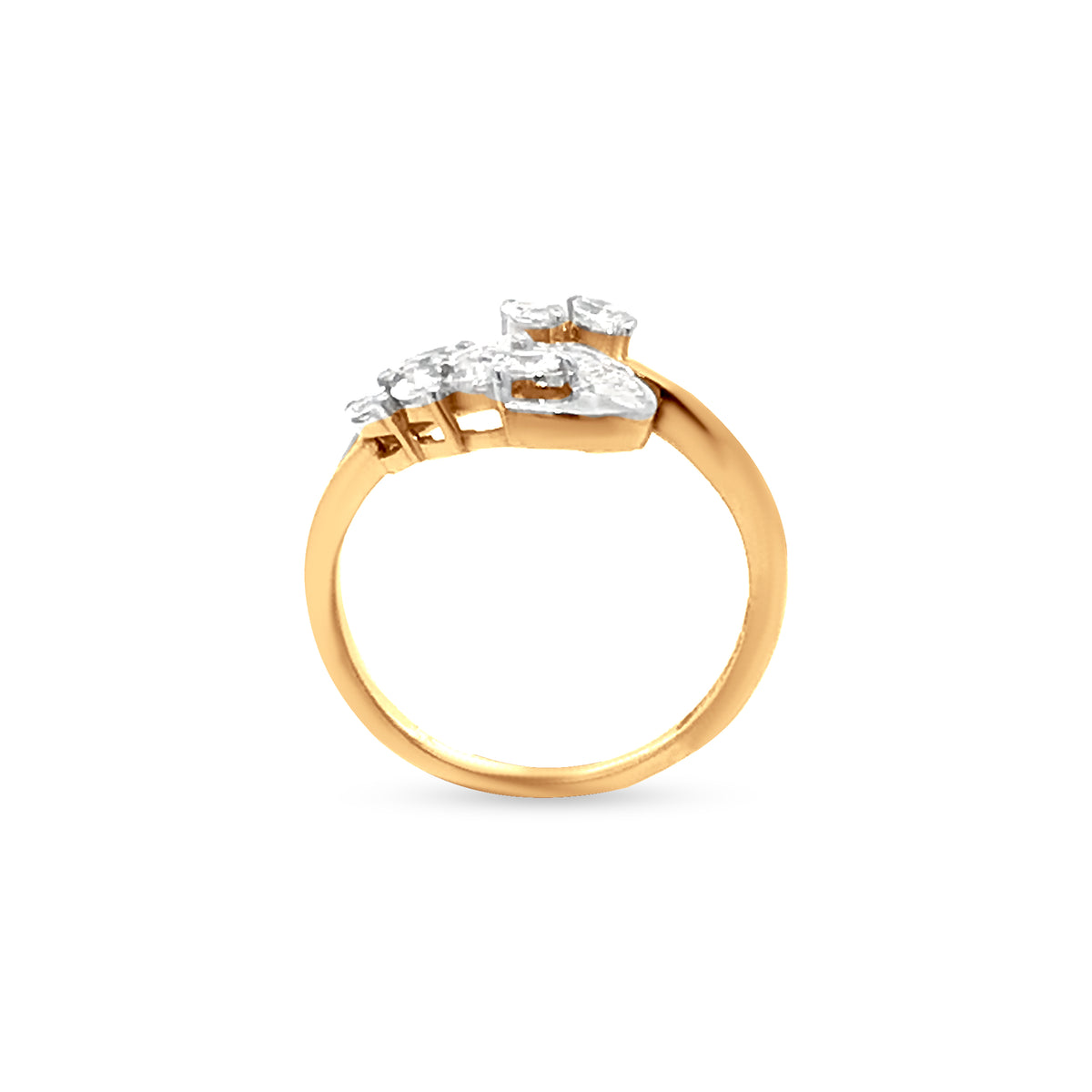 Timeless Beauty: 18k Yellow Gold Ring with Baguette and Marquise Diamonds in Abstract Foliole Design.