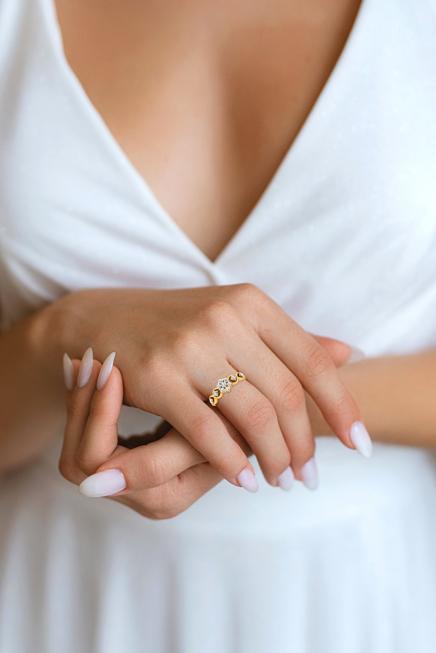 Golden Pushpa: 18K Yellow Gold Floral Diamond Ladies Ring