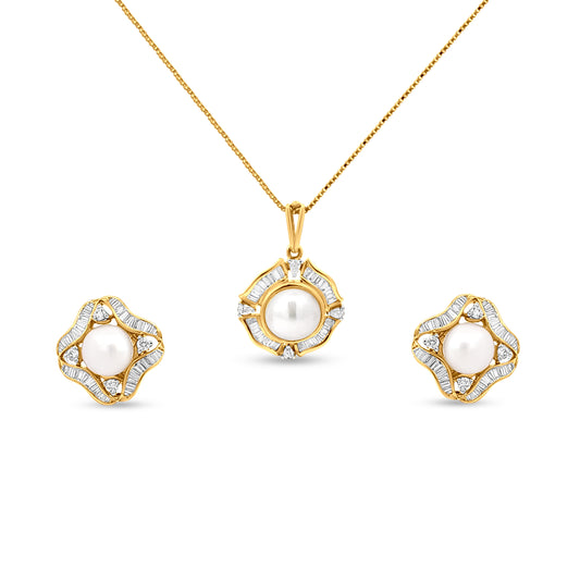 18k Gold Pearl and Baguette Diamond Pendant Set