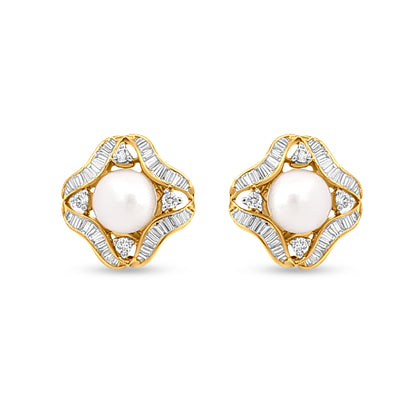 18k Gold Pearl and Baguette Diamond Pendant Set