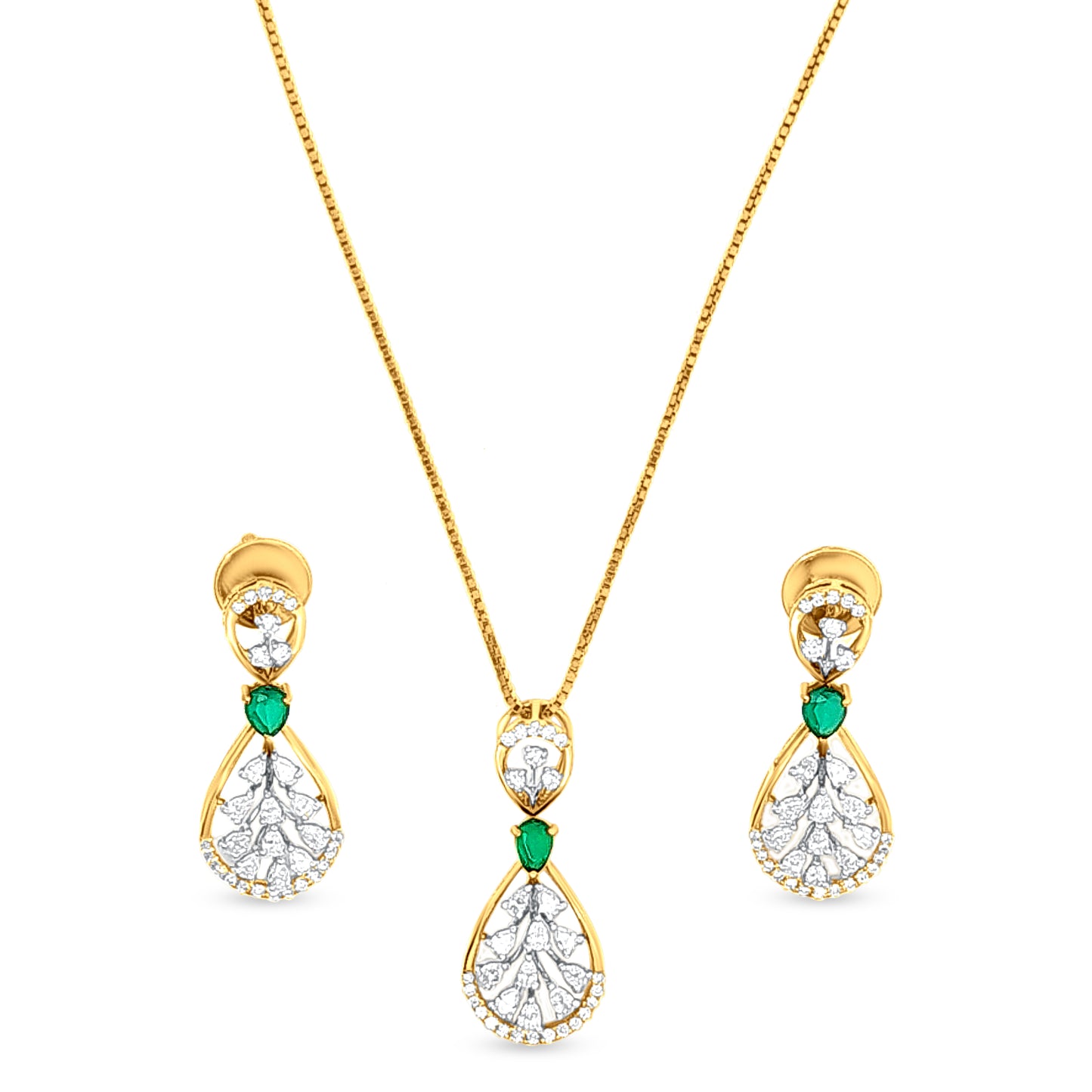 18k Gold Drop Diamond Pendant Necklace and Earring Set