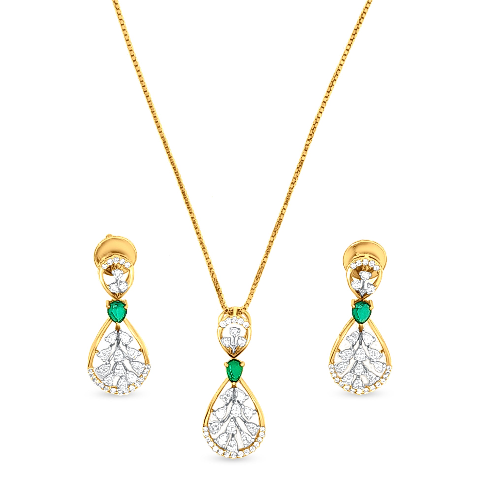 18k Gold Drop Diamond Pendant Necklace and Earring Set