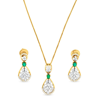 18k Gold Drop Diamond Pendant Necklace and Earring Set