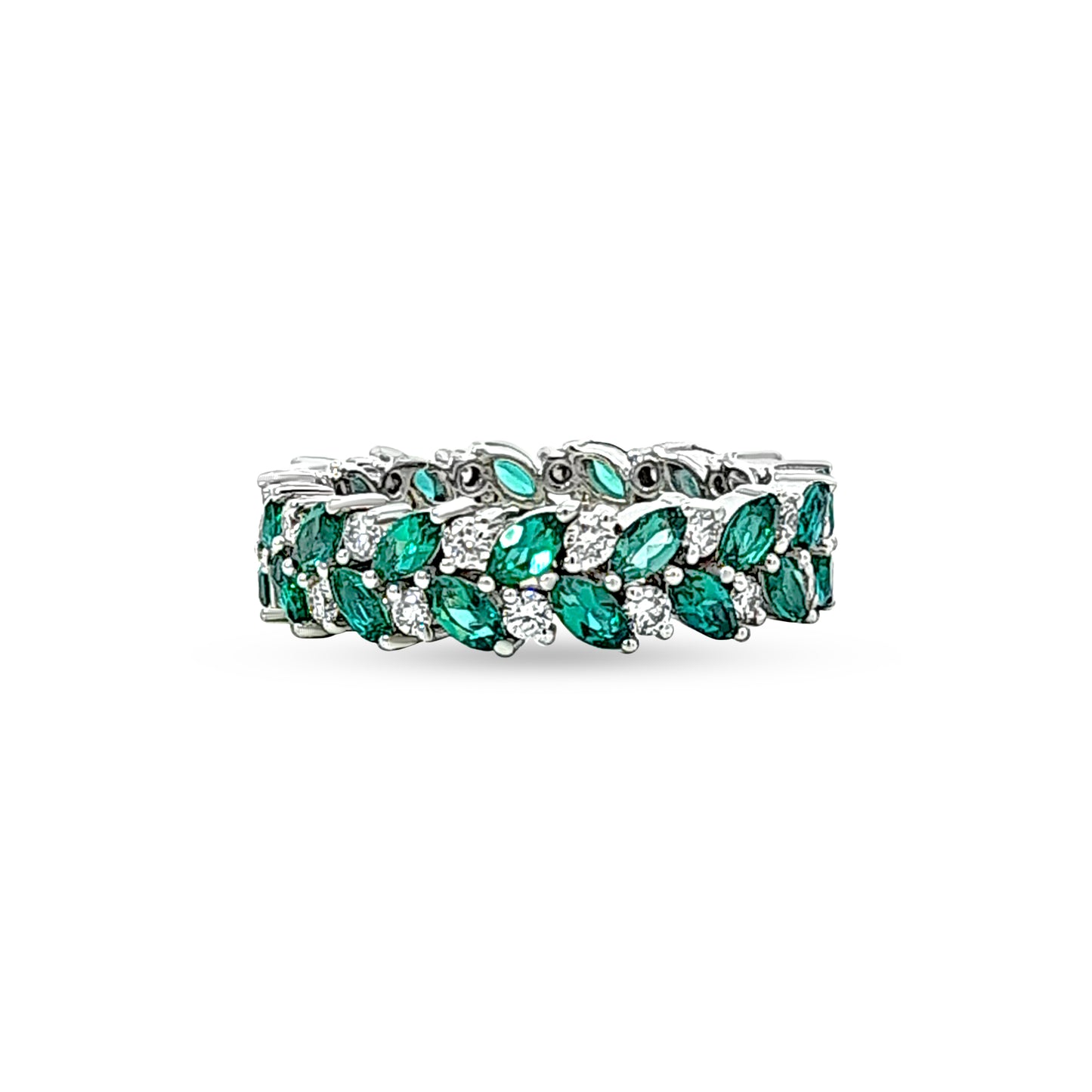 Eshana - 14K White Gold Lab-Grown Diamond Band with Emerald Stone