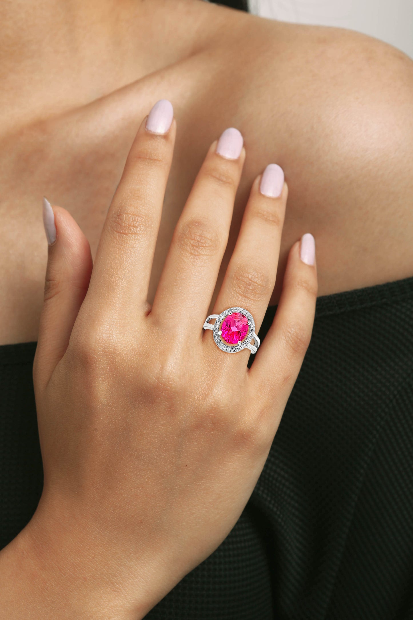 Sharvani - 14K White Gold Lab-Grown Diamond Halo Ring with Ruby Stone