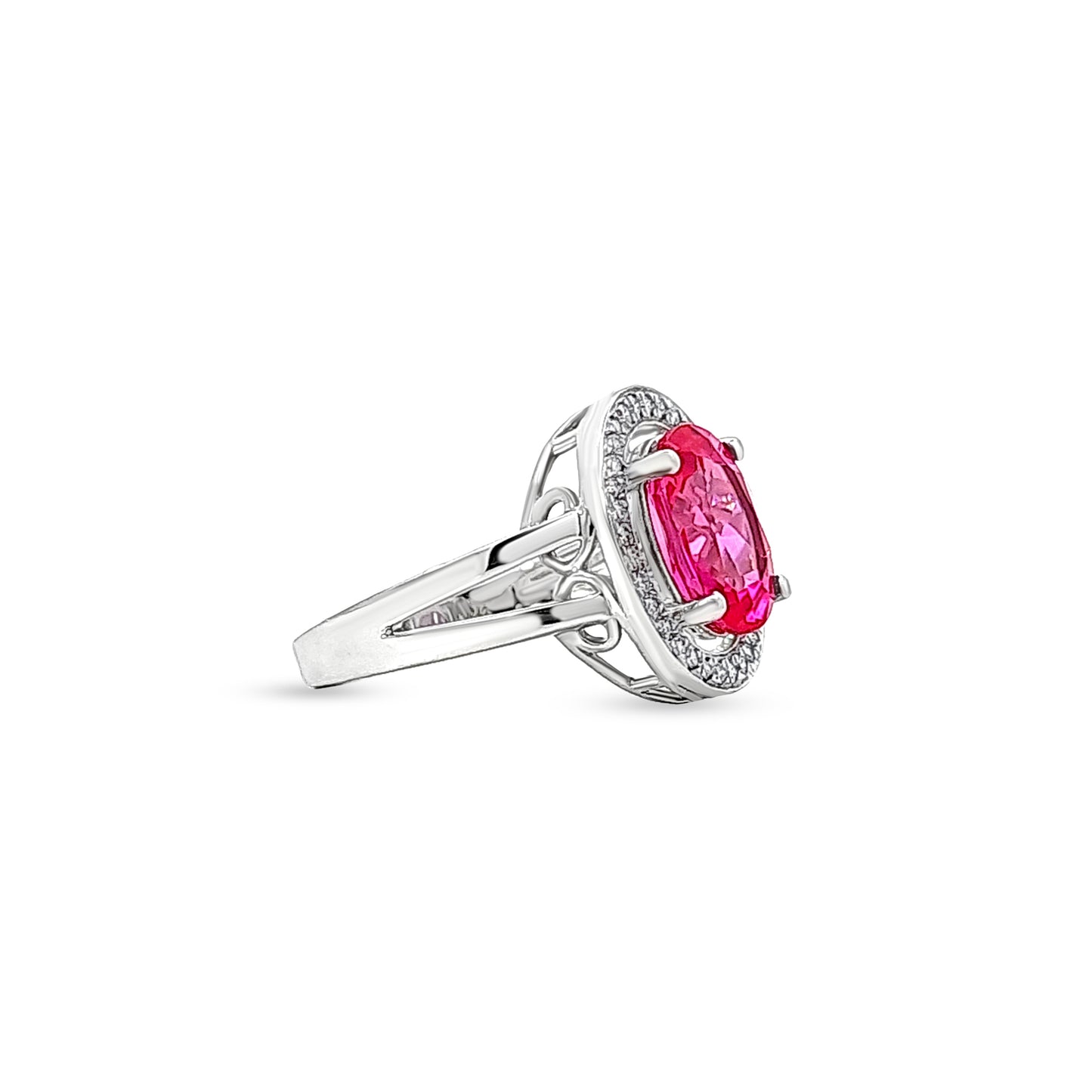 Sharvani - 14K White Gold Lab-Grown Diamond Halo Ring with Ruby Stone