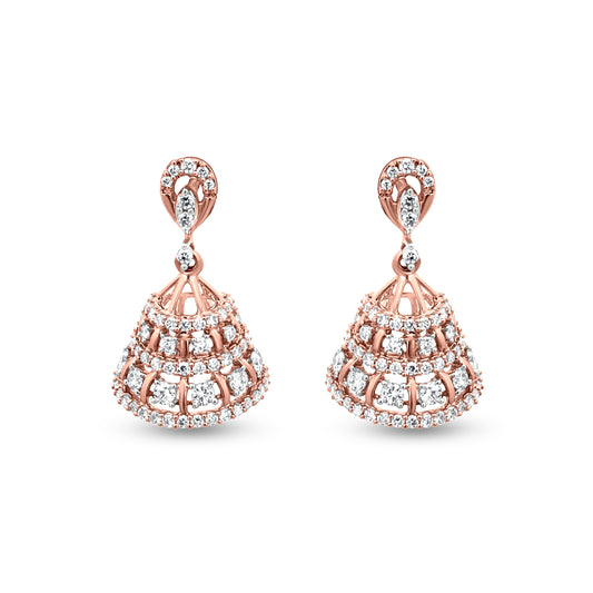 Indian Traditional Jhumkas or Drop Earring with Round Diamonds in 18k Rose Gold