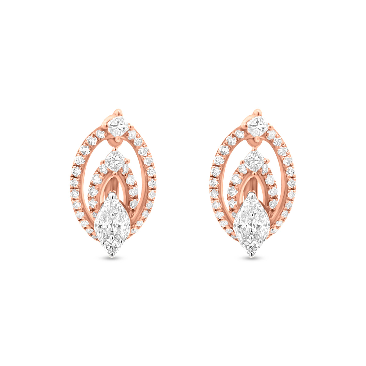 Marquise and Round Diamond 3D Design Stud Earrings in 18k Rose Gold: Perfect for Mothers Day And Birthday Gift