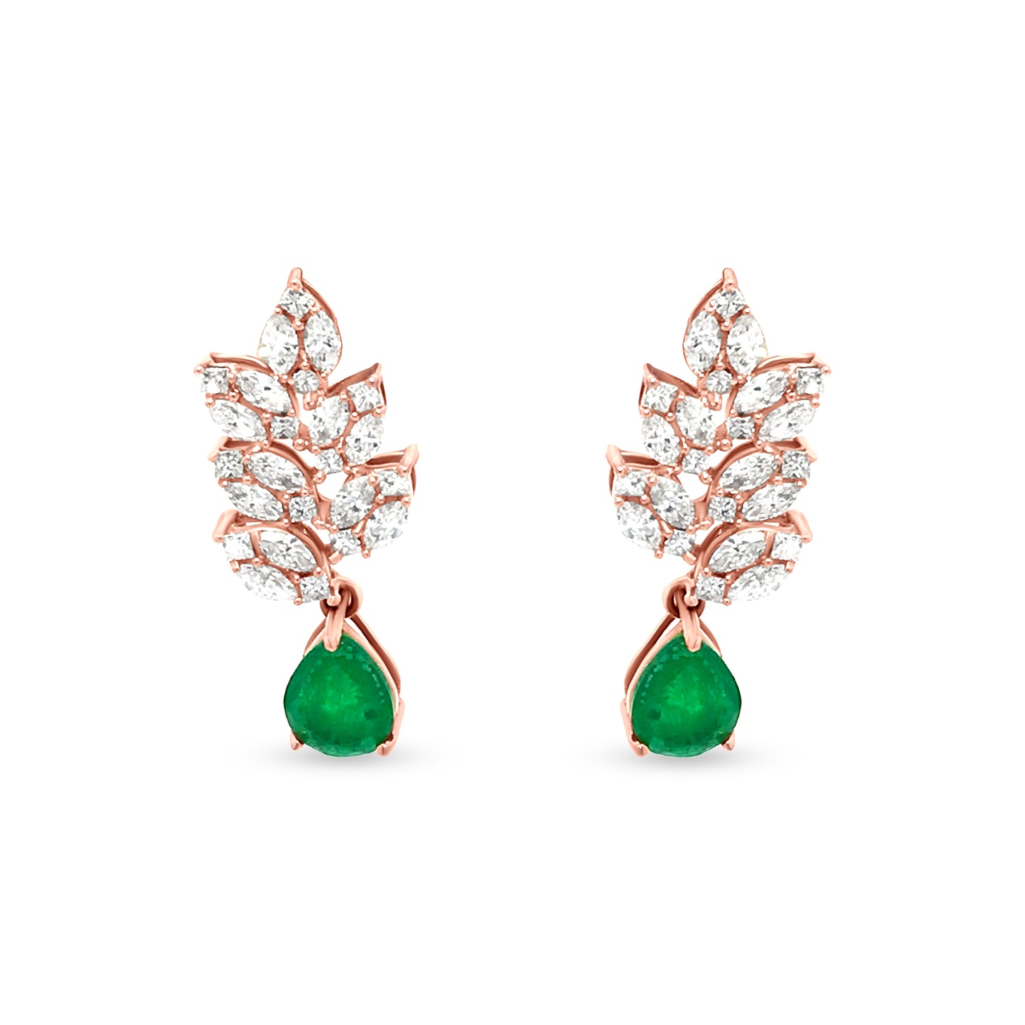 Green Colour Stone Floral Drop Earrings with Diamonds for Prosperity and Style