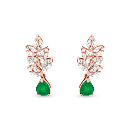 Green Colour Stone Floral Drop Earrings with Diamonds for Prosperity and Style