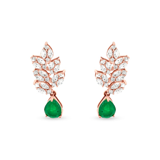 Green Colour Stone Floral Drop Earrings with Diamonds for Prosperity and Style