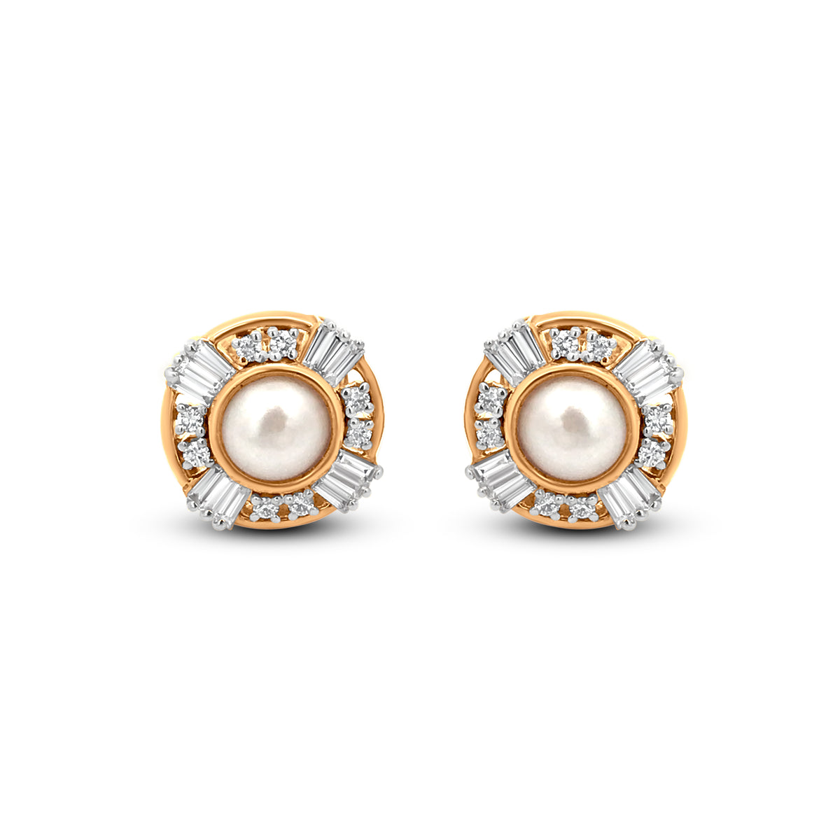 18k Yellow Gold Stud Earrings with Diamonds and Fresh Pearl Embellishment