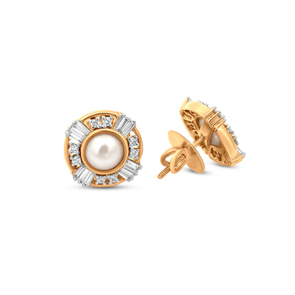 18k Yellow Gold Stud Earrings with Diamonds and Fresh Pearl Embellishment