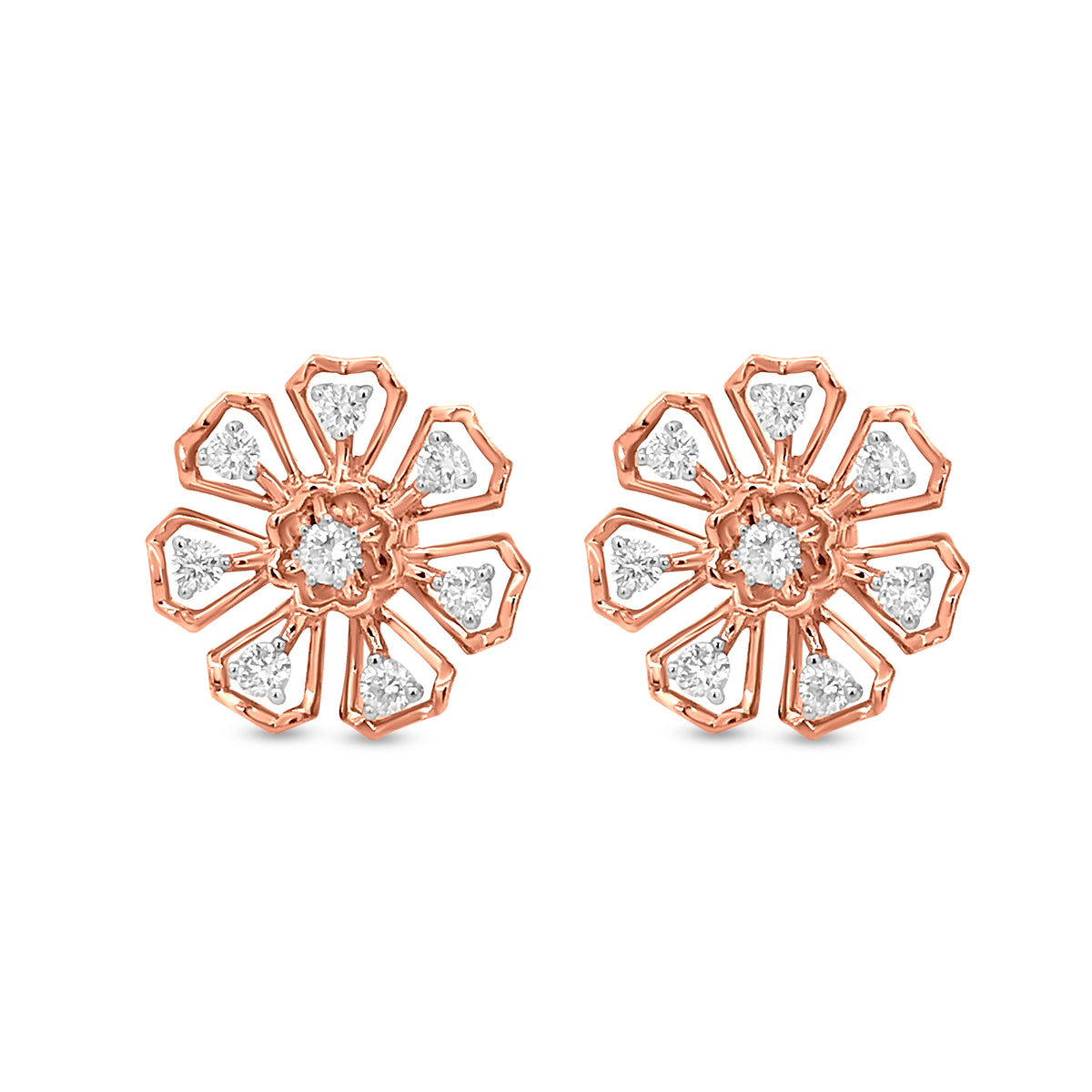 18k Rose Gold Diamond Floral Studs: Prong-Set Diamonds for a Beautiful Evening Party Earring